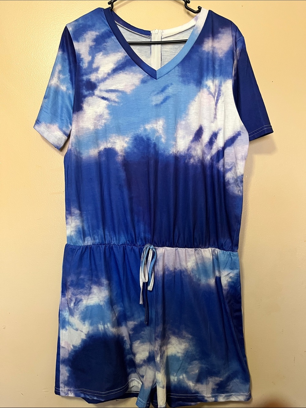 Blue Tie-Dye V-Neck Romper with Drawstring Waist